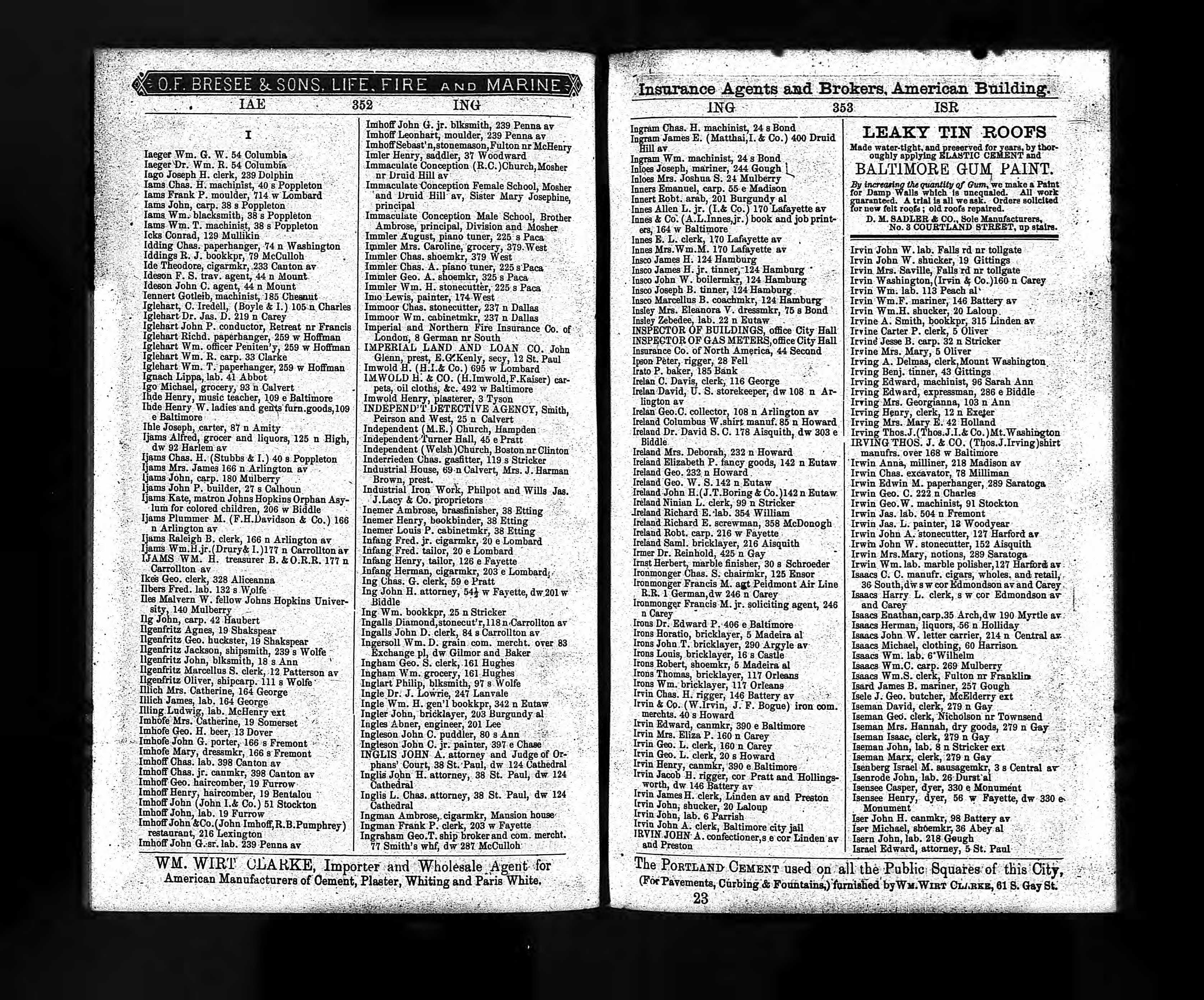 Wood's Baltimore Directory, 1878, p. 352, with consecutive entries for Plummer M. Ijams (F.H. Davidson & Co.) and Raleigh B. Ijams, clerk — both at 166 N. Arlington Avenue.