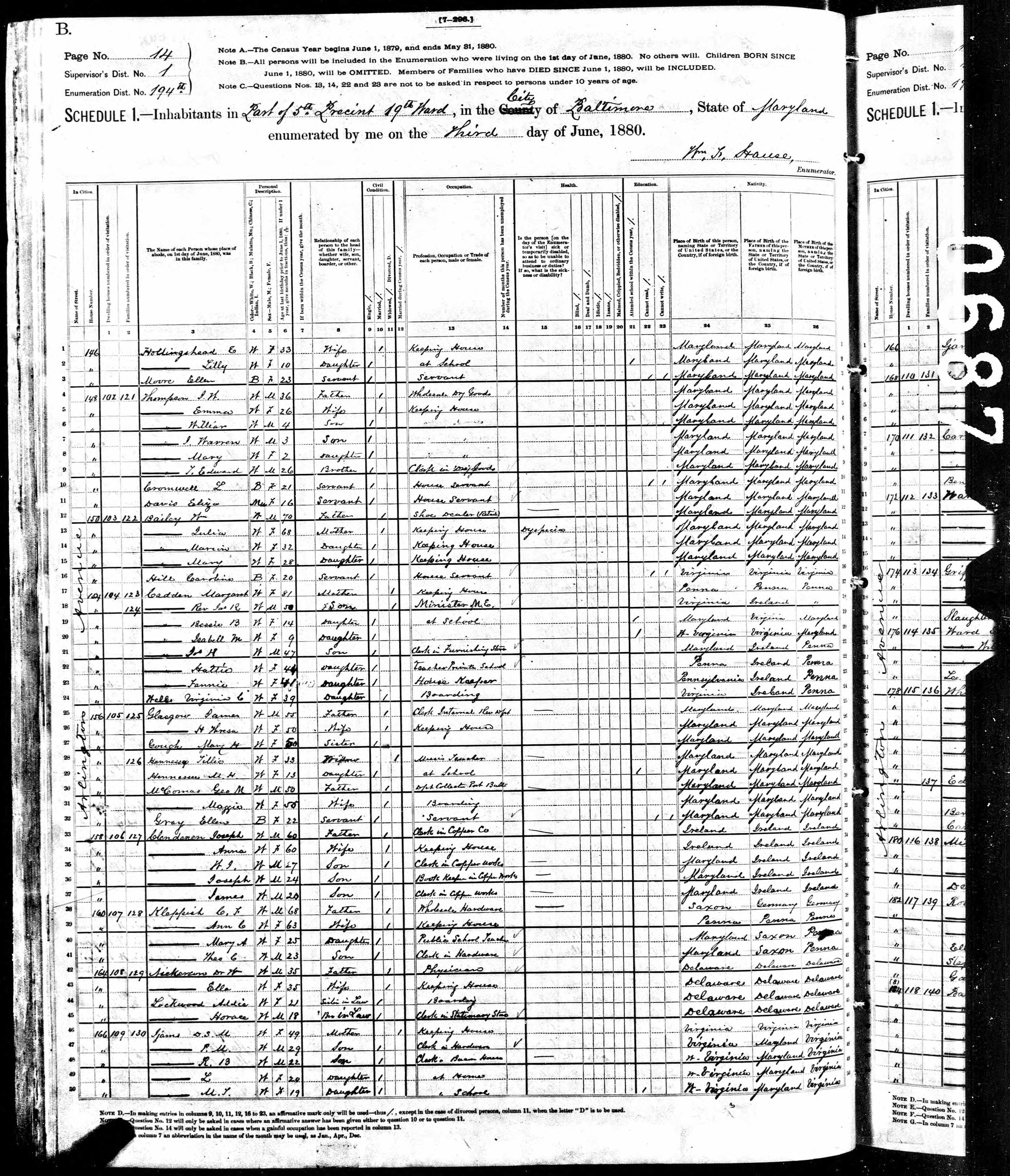 1880 federal census, Baltimore — the Dorcas (Tabb) Ijams household at the bottom of the page.