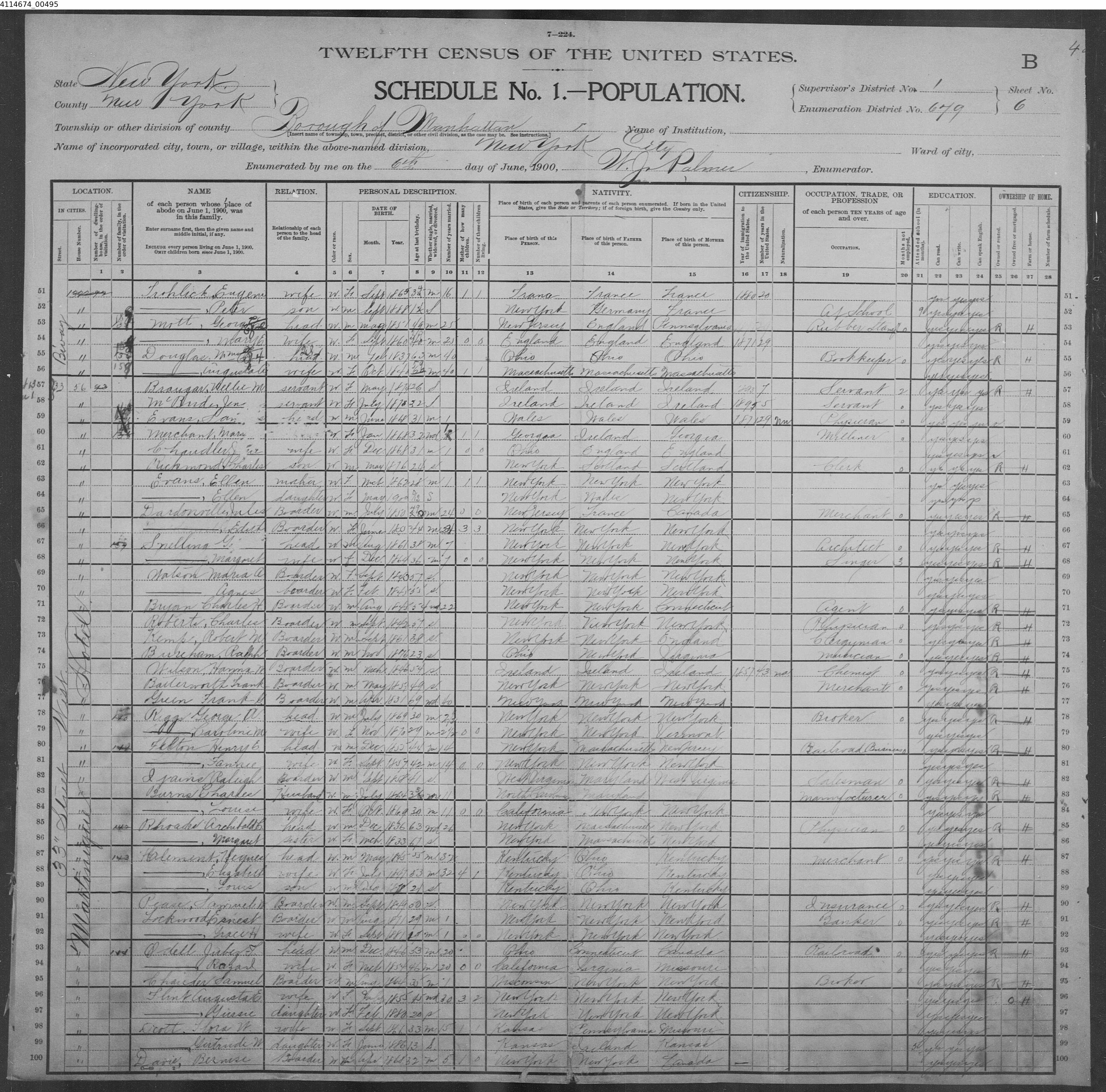 1900 federal census, Manhattan — Raleigh Ijams as a boarder, sheet 6-B, line 82.