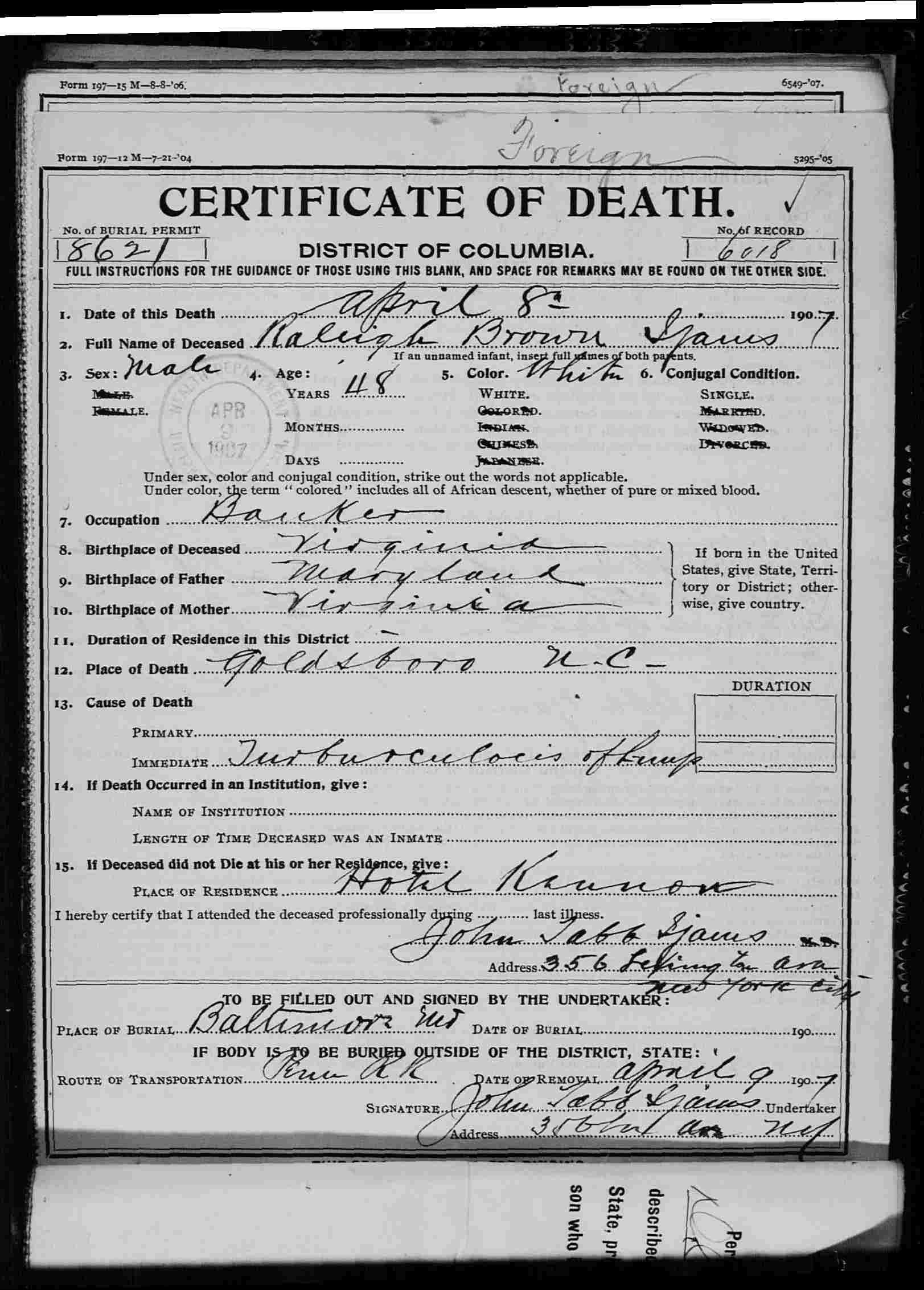 Death certificate filled out by his brother John Tabb Ijams in Washington, D.C.