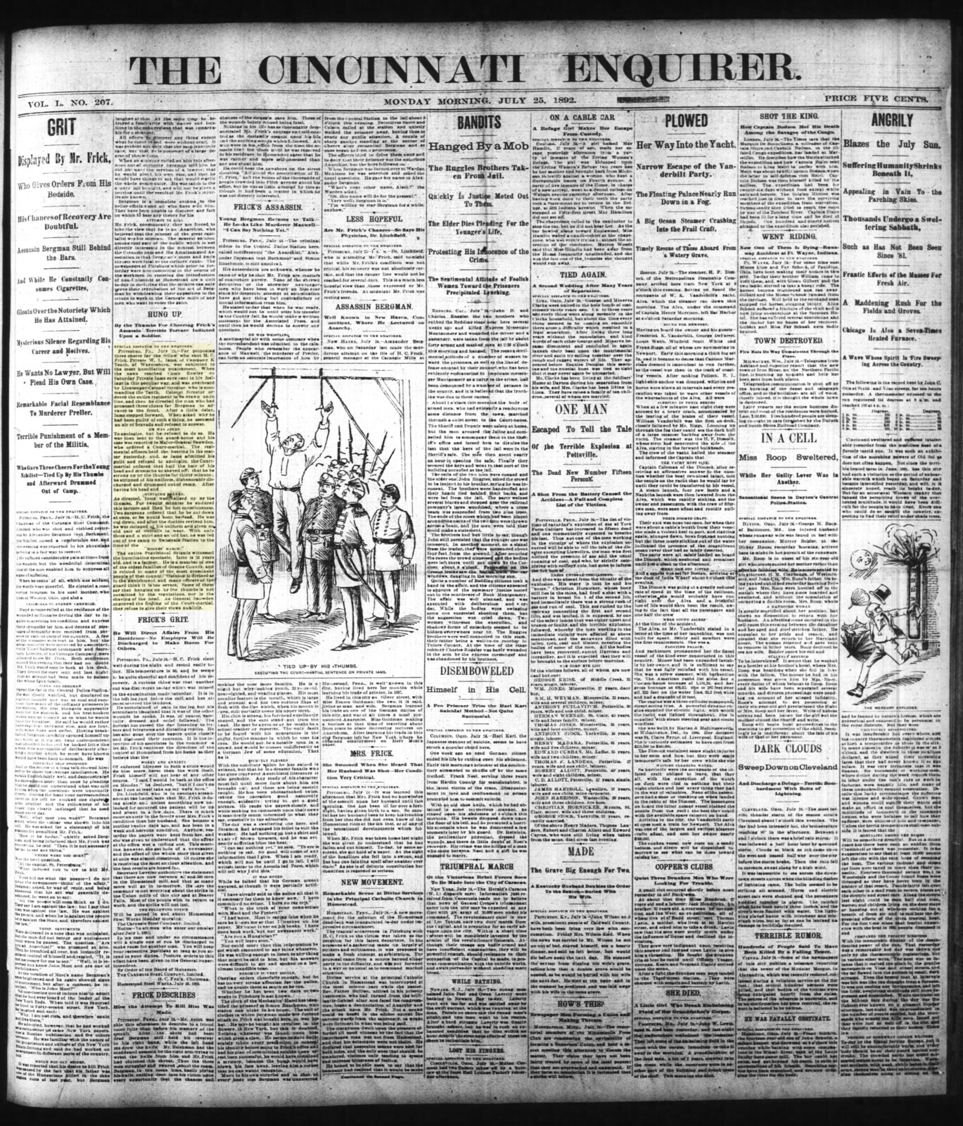 The *Cincinnati Enquirer*'s front page of 25 July 1892. The single-column headline *HUNG UP. By the Thumbs For Cheering Frick's Assassin — Terrible Torture Inflicted Upon a Soldier* ran the special dispatch from Pittsburgh — dated the day before — that put William's name into the wire syndicate for the next ten days.