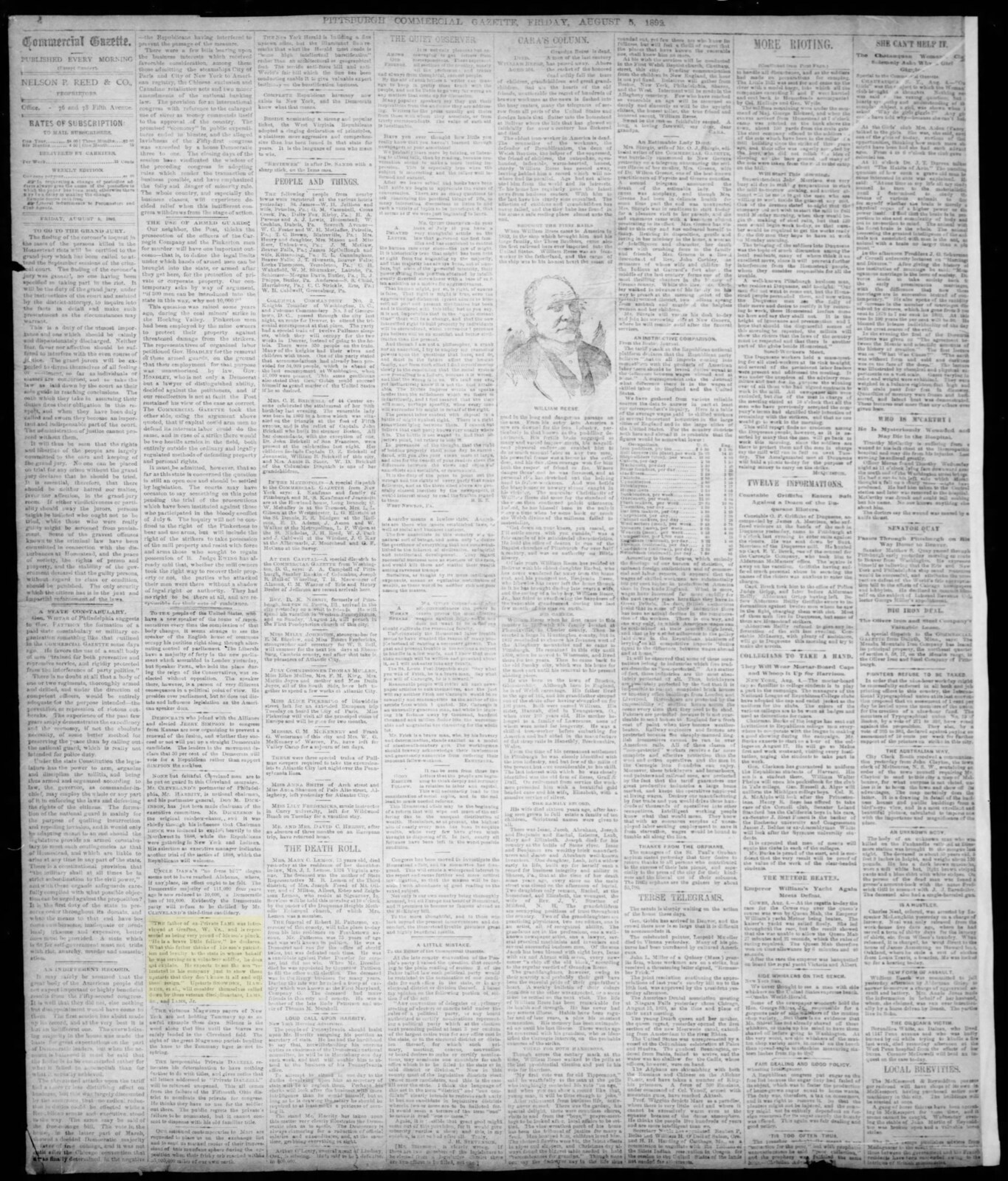 The *Pittsburgh Commercial Gazette* of 5 August 1892, carrying the Grafton, W.Va., interview with Joseph Iams. The paper's tone — affectionate, slightly bemused — is captured in the closing line: 'IAMS, Sr., and IAMS, Jr.' were going to set the Pennsylvania National Guard straight.