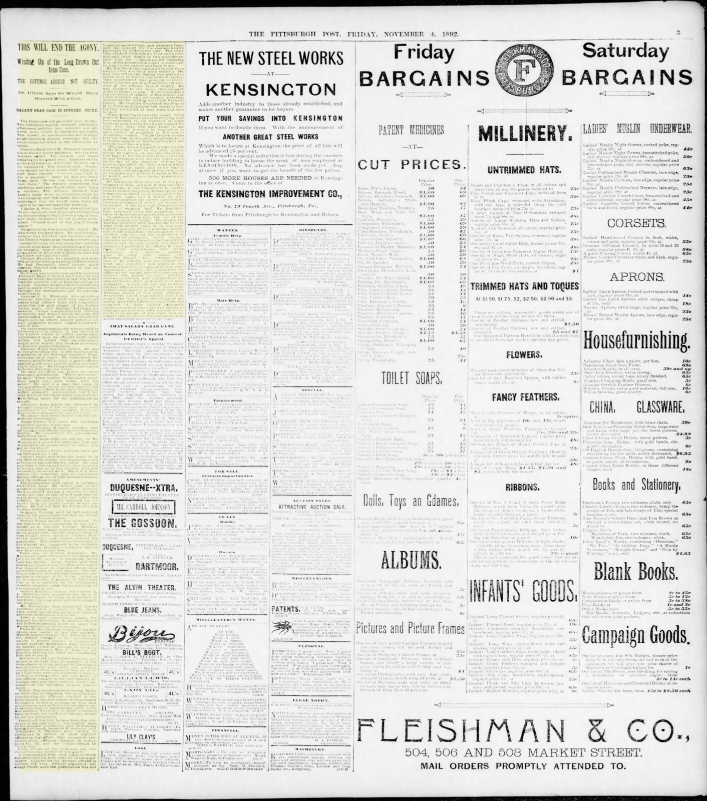 The *Pittsburgh Post* of 4 November 1892 — *'THIS WILL END THE AGONY. Winding Up of the Long Drawn Out Iams Case'* — devoted most of page 3 to the close of the trial and the lead defence counsel's peroration.