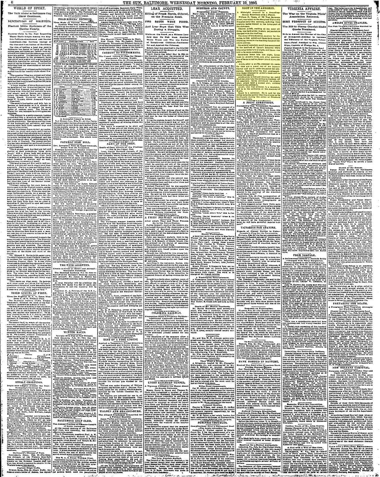 The *Baltimore Sun* of 19 February 1896 — the morning after the shooting at 780 West Saratoga Street. The paper's notice opens by re-identifying him as 'the man who was triced up by the thumbs at the Homestead riots.'