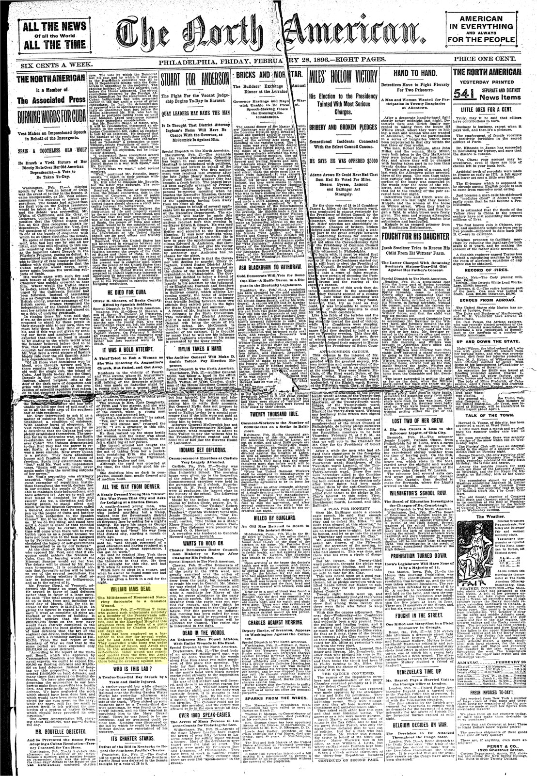The *Philadelphia North American* of 28 February 1896 carried the wire dispatch from Baltimore under the headline *WILLIAM IAMS DEAD. — The Militiaman of Homestead Notoriety Succumbs to a Gunshot Wound.*
